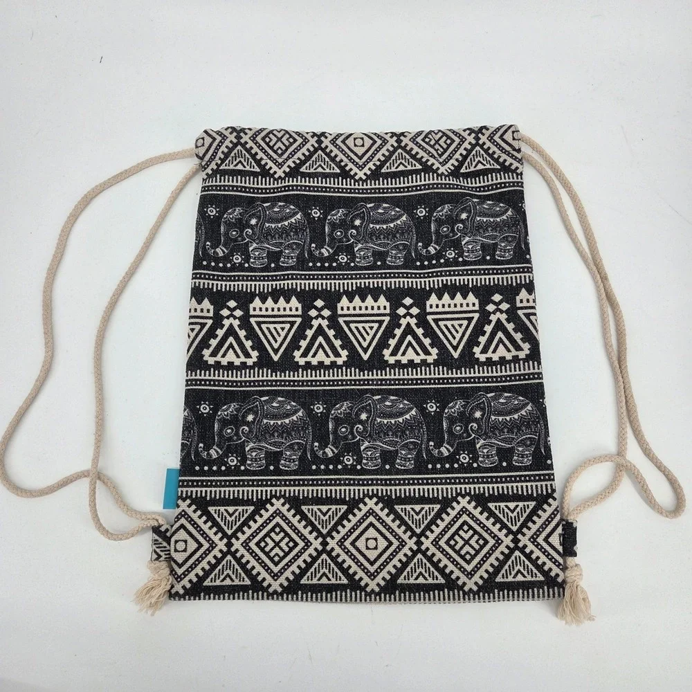 Miomao Black Cream Elephant Tribal Geometric Woven Drawstring Backpack Boho Bag